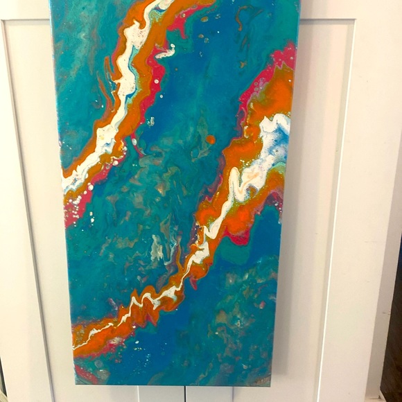 Original paint pour art piece of a kind, beautiful oranges, turquoise blue white - Picture 2 of 3